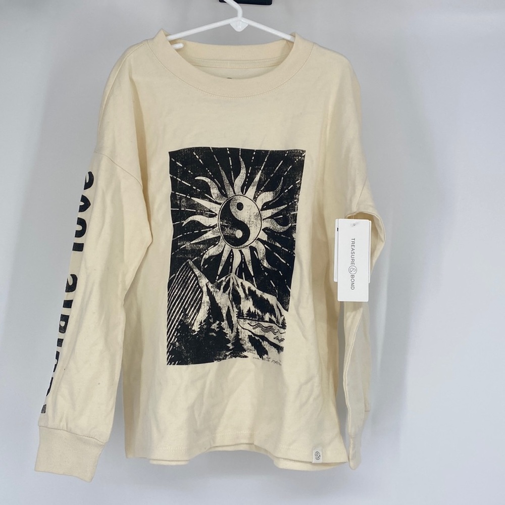Treasure & Bond Long Sleeve Graphic Print Tee Top in Ivory Dove Size S 7/8  NWT